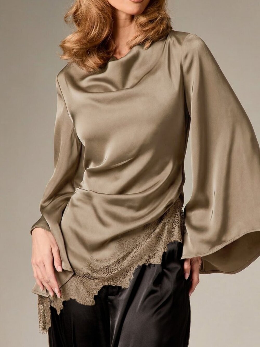 Khaki Elegant Women's Peplum Long Sleeve Lace Trim Draped Neckline Blouse